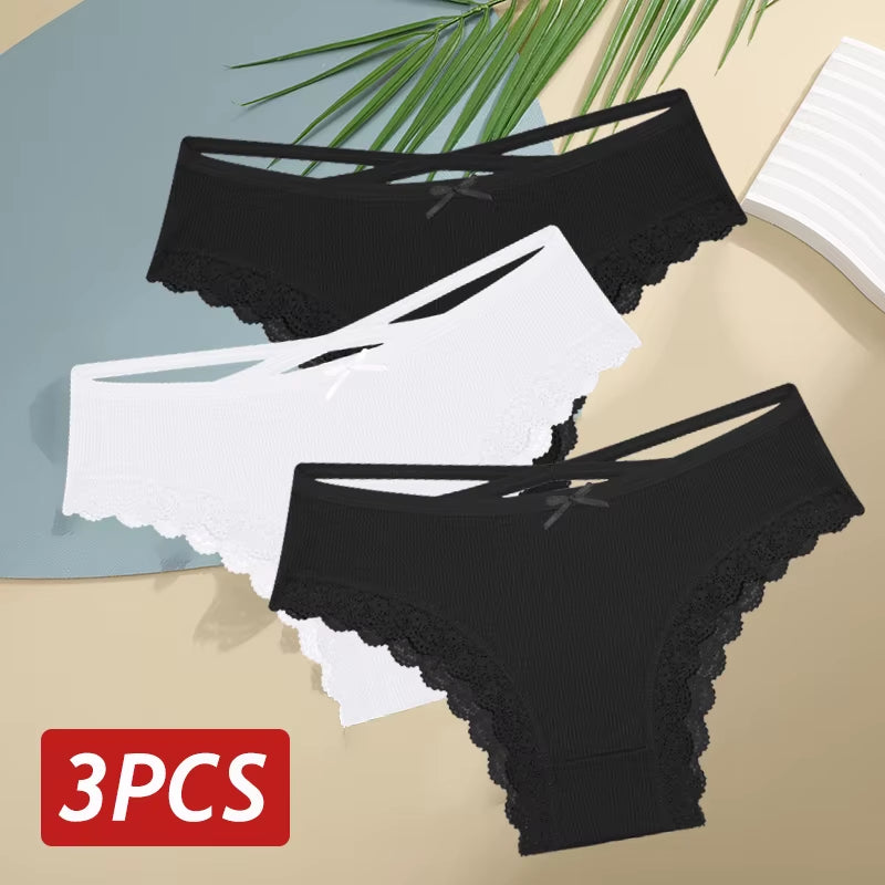 3Pcs/Set Women Cotton Panties Sexy Low Rise Lace Brazilian Panties Hollow Out Soft Breathable Lingerie Female Bow Underwear S-XL