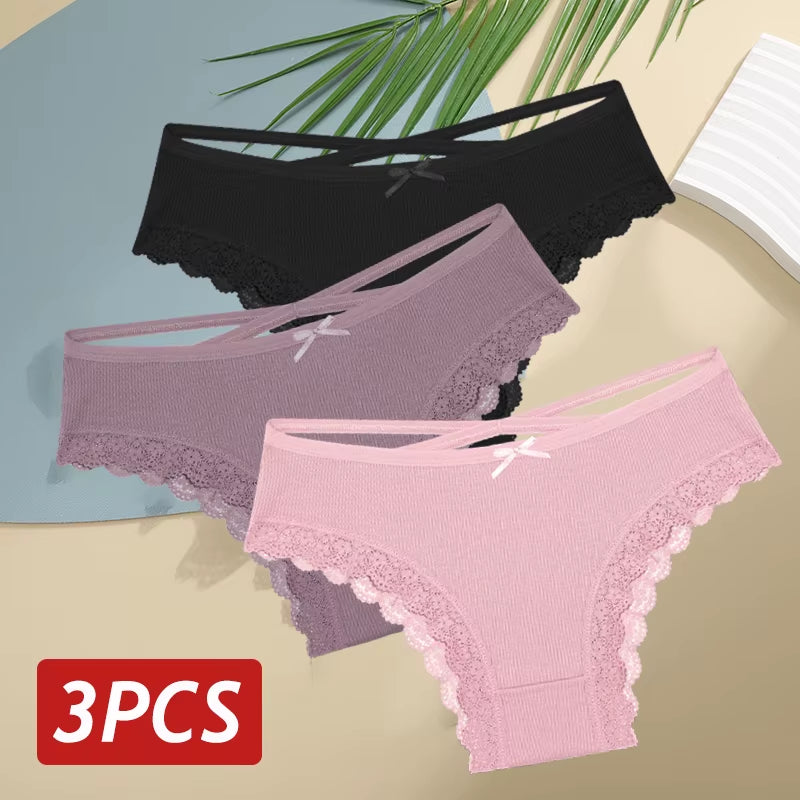 3Pcs/Set Women Cotton Panties Sexy Low Rise Lace Brazilian Panties Hollow Out Soft Breathable Lingerie Female Bow Underwear S-XL