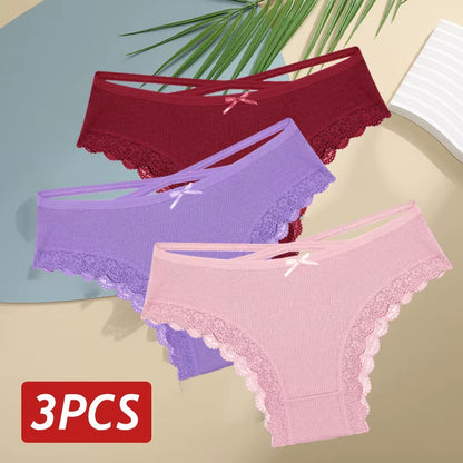 3Pcs/Set Women Cotton Panties Sexy Low Rise Lace Brazilian Panties Hollow Out Soft Breathable Lingerie Female Bow Underwear S-XL