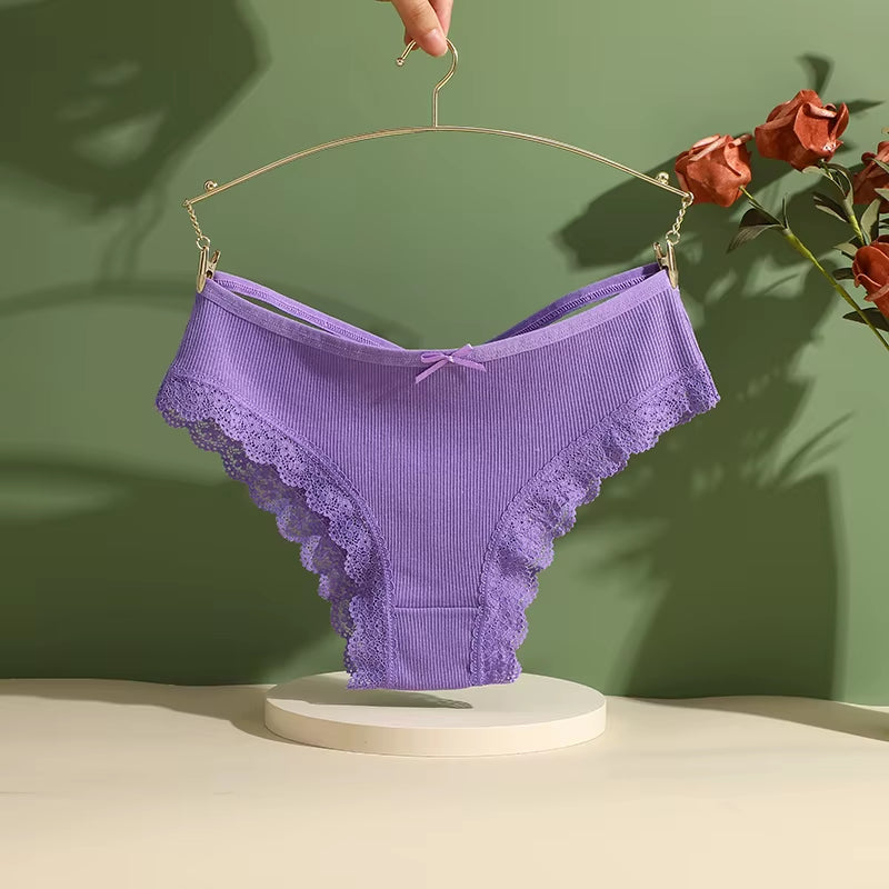 3Pcs/Set Women Cotton Panties Sexy Low Rise Lace Brazilian Panties Hollow Out Soft Breathable Lingerie Female Bow Underwear S-XL