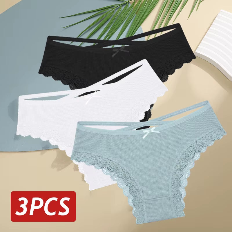 3Pcs/Set Women Cotton Panties Sexy Low Rise Lace Brazilian Panties Hollow Out Soft Breathable Lingerie Female Bow Underwear S-XL