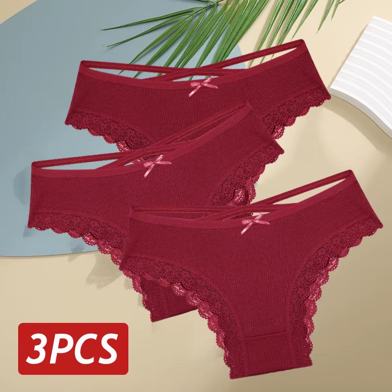 3Pcs/Set Women Cotton Panties Sexy Low Rise Lace Brazilian Panties Hollow Out Soft Breathable Lingerie Female Bow Underwear S-XL