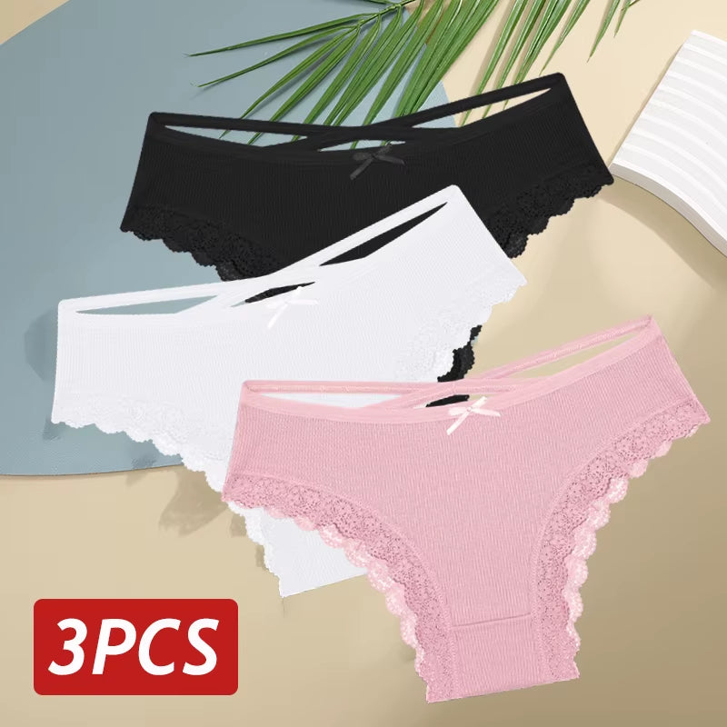 3Pcs/Set Women Cotton Panties Sexy Low Rise Lace Brazilian Panties Hollow Out Soft Breathable Lingerie Female Bow Underwear S-XL