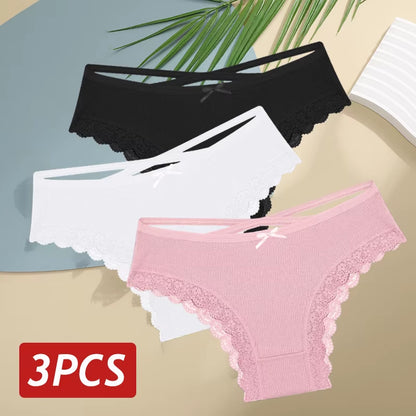 3Pcs/Set Women Cotton Panties Sexy Low Rise Lace Brazilian Panties Hollow Out Soft Breathable Lingerie Female Bow Underwear S-XL