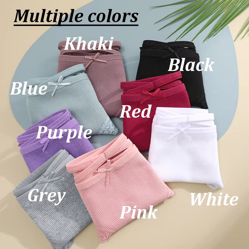 3Pcs/Set Women Cotton Panties Sexy Low Rise Lace Brazilian Panties Hollow Out Soft Breathable Lingerie Female Bow Underwear S-XL