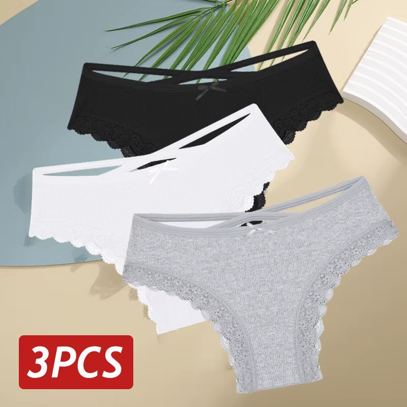 3Pcs/Set Women Cotton Panties Sexy Low Rise Lace Brazilian Panties Hollow Out Soft Breathable Lingerie Female Bow Underwear S-XL