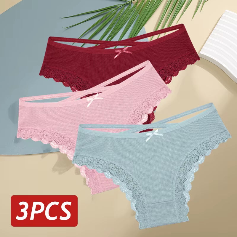 3Pcs/Set Women Cotton Panties Sexy Low Rise Lace Brazilian Panties Hollow Out Soft Breathable Lingerie Female Bow Underwear S-XL