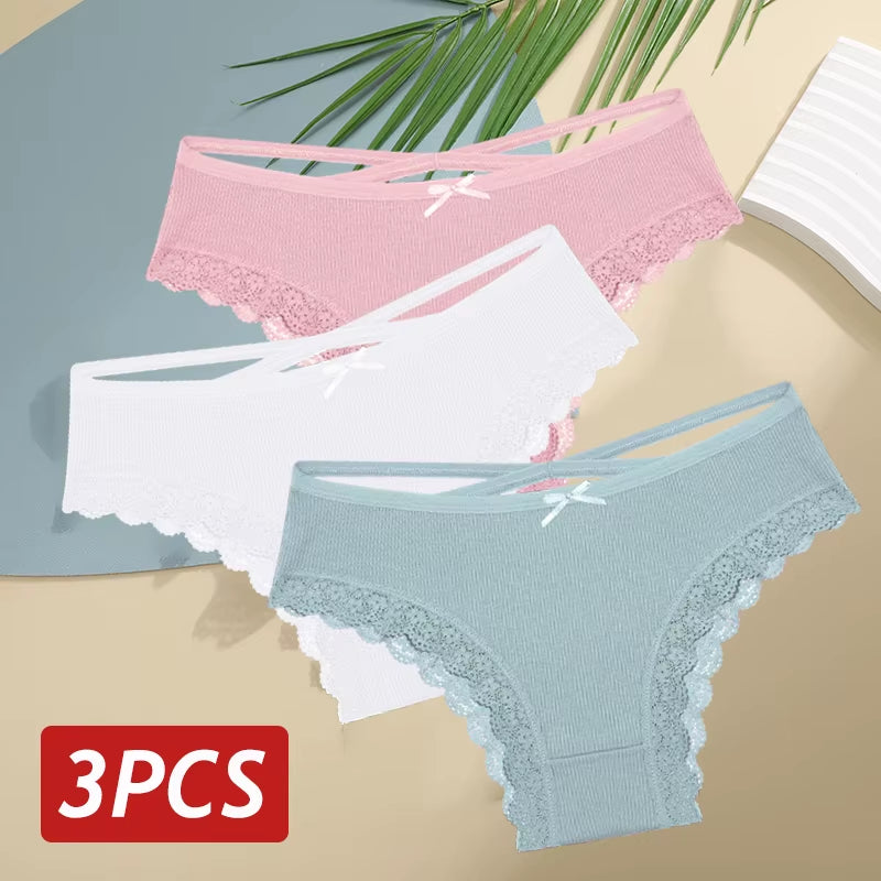 3Pcs/Set Women Cotton Panties Sexy Low Rise Lace Brazilian Panties Hollow Out Soft Breathable Lingerie Female Bow Underwear S-XL