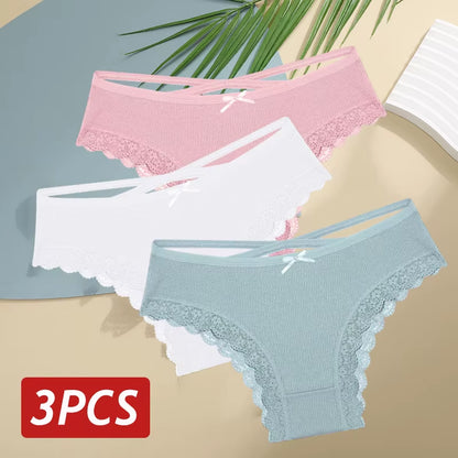 3Pcs/Set Women Cotton Panties Sexy Low Rise Lace Brazilian Panties Hollow Out Soft Breathable Lingerie Female Bow Underwear S-XL