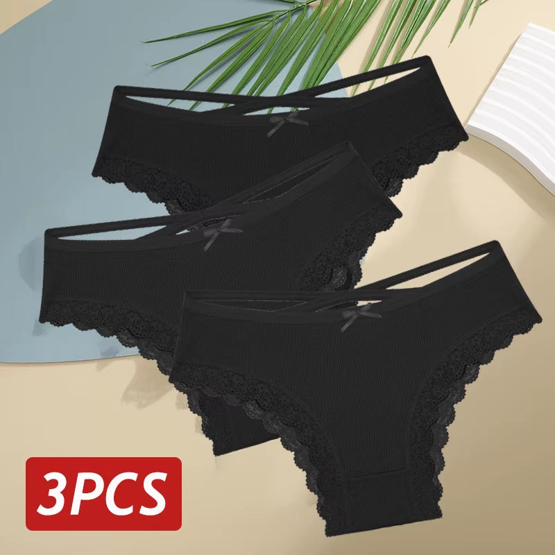 3Pcs/Set Women Cotton Panties Sexy Low Rise Lace Brazilian Panties Hollow Out Soft Breathable Lingerie Female Bow Underwear S-XL