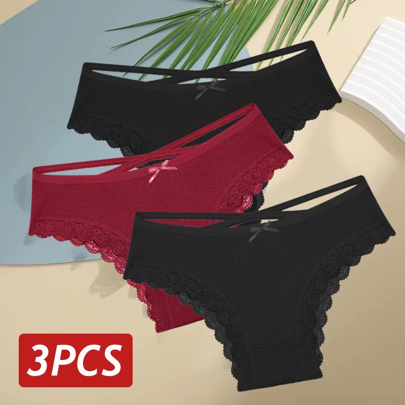 3Pcs/Set Women Cotton Panties Sexy Low Rise Lace Brazilian Panties Hollow Out Soft Breathable Lingerie Female Bow Underwear S-XL