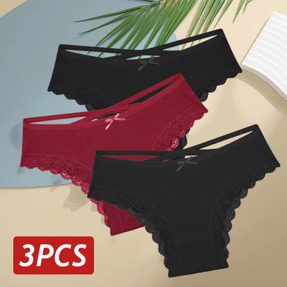 3Pcs/Set Women Cotton Panties Sexy Low Rise Lace Brazilian Panties Hollow Out Soft Breathable Lingerie Female Bow Underwear S-XL