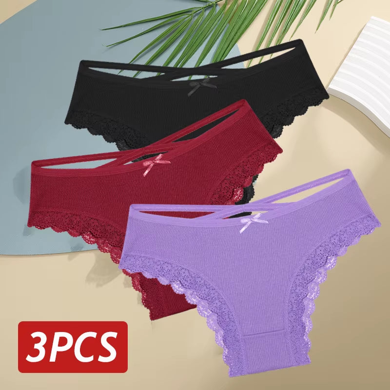 3Pcs/Set Women Cotton Panties Sexy Low Rise Lace Brazilian Panties Hollow Out Soft Breathable Lingerie Female Bow Underwear S-XL