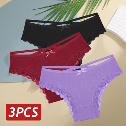 3Pcs/Set Women Cotton Panties Sexy Low Rise Lace Brazilian Panties Hollow Out Soft Breathable Lingerie Female Bow Underwear S-XL